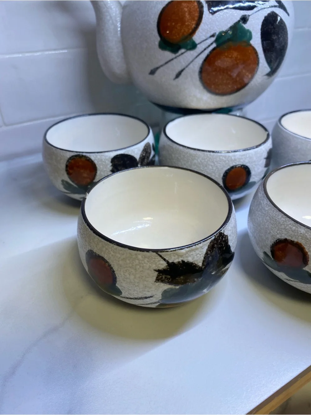 Vintage Otagiri Japanese Tea Set Persimmon Teapot 5 Cups Hand Painted Ceramic